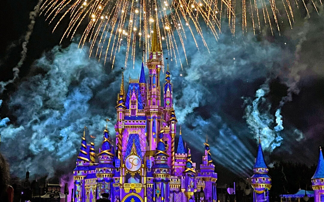 Fireworks over Sleeping Beauty's castle at Disneyland in California.